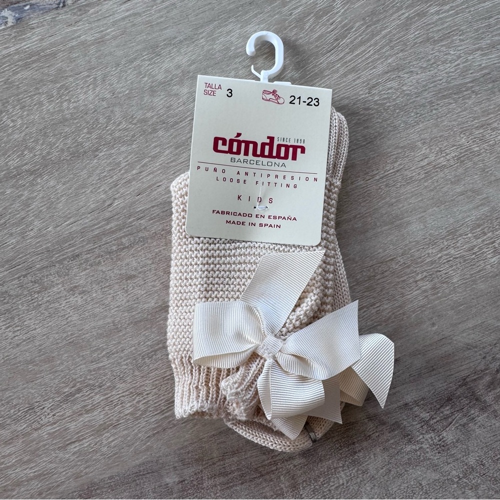 Cóndor Barcelona Girls Garter stitch short socks with bow LINEN Size 3 NWT